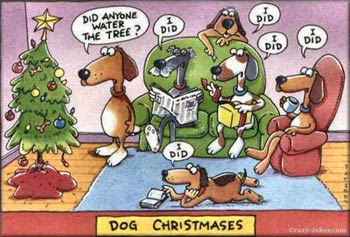 funny dog cartoon dog's watering Christmas tree