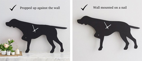 shelf standing or wall mounted tail wag dog breed clocks