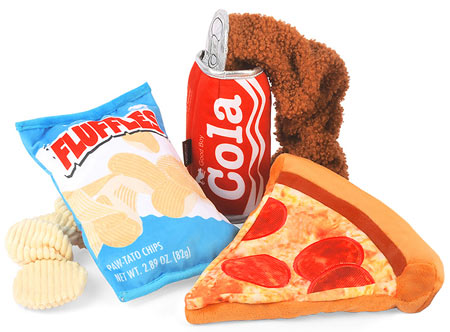 Snack Attack dog toys - pizza, cola, crisps