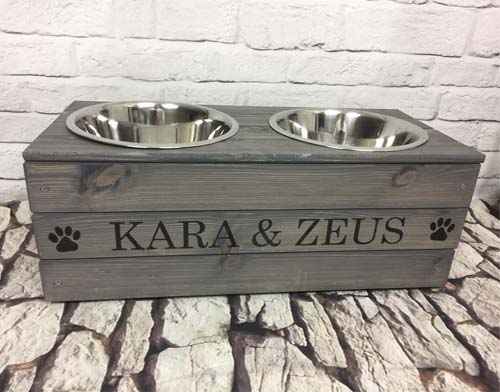 Raised Personalised Wooden Dog Bowls | Double Feeder | D for Dog